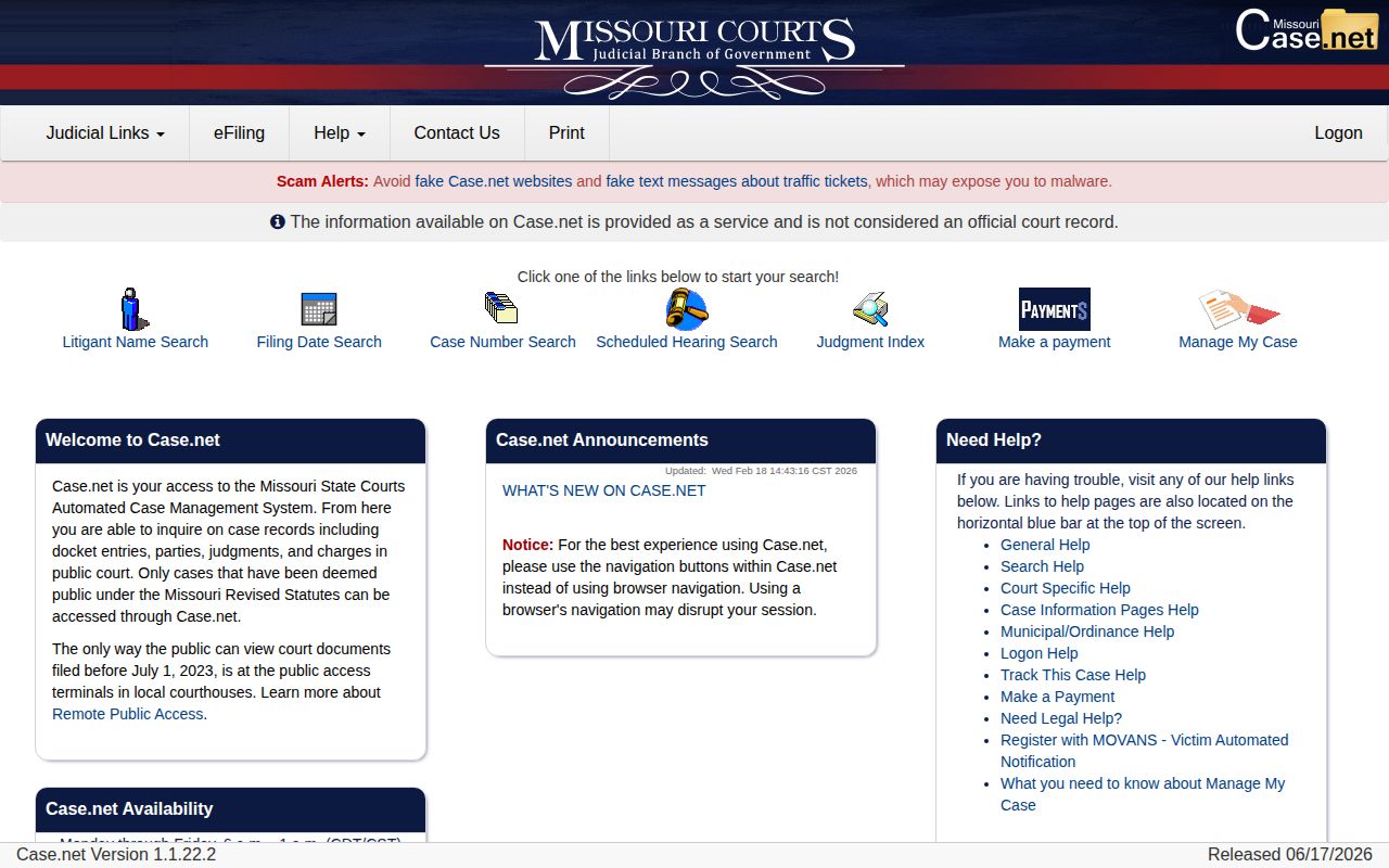 Madison County released inmate Case.net litigant and case search