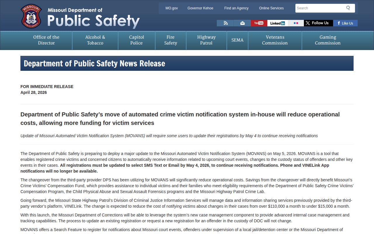 Madison County VINELink release alerts under the Missouri MOVANS transition